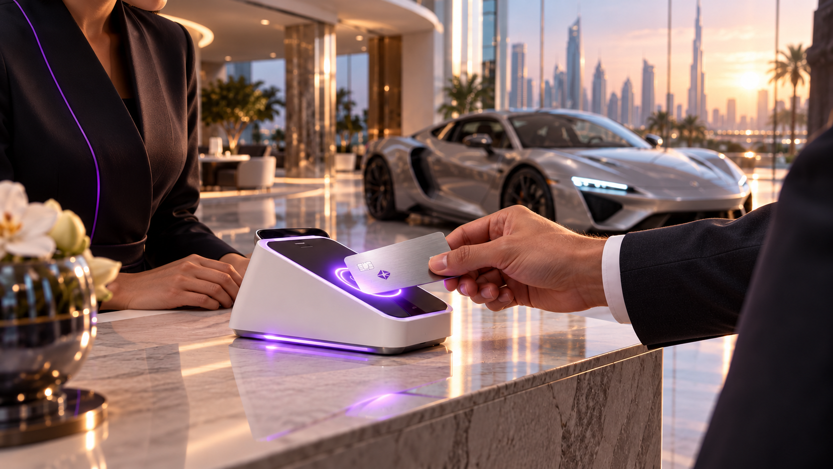 The customer taps a LORYX card in the showroom