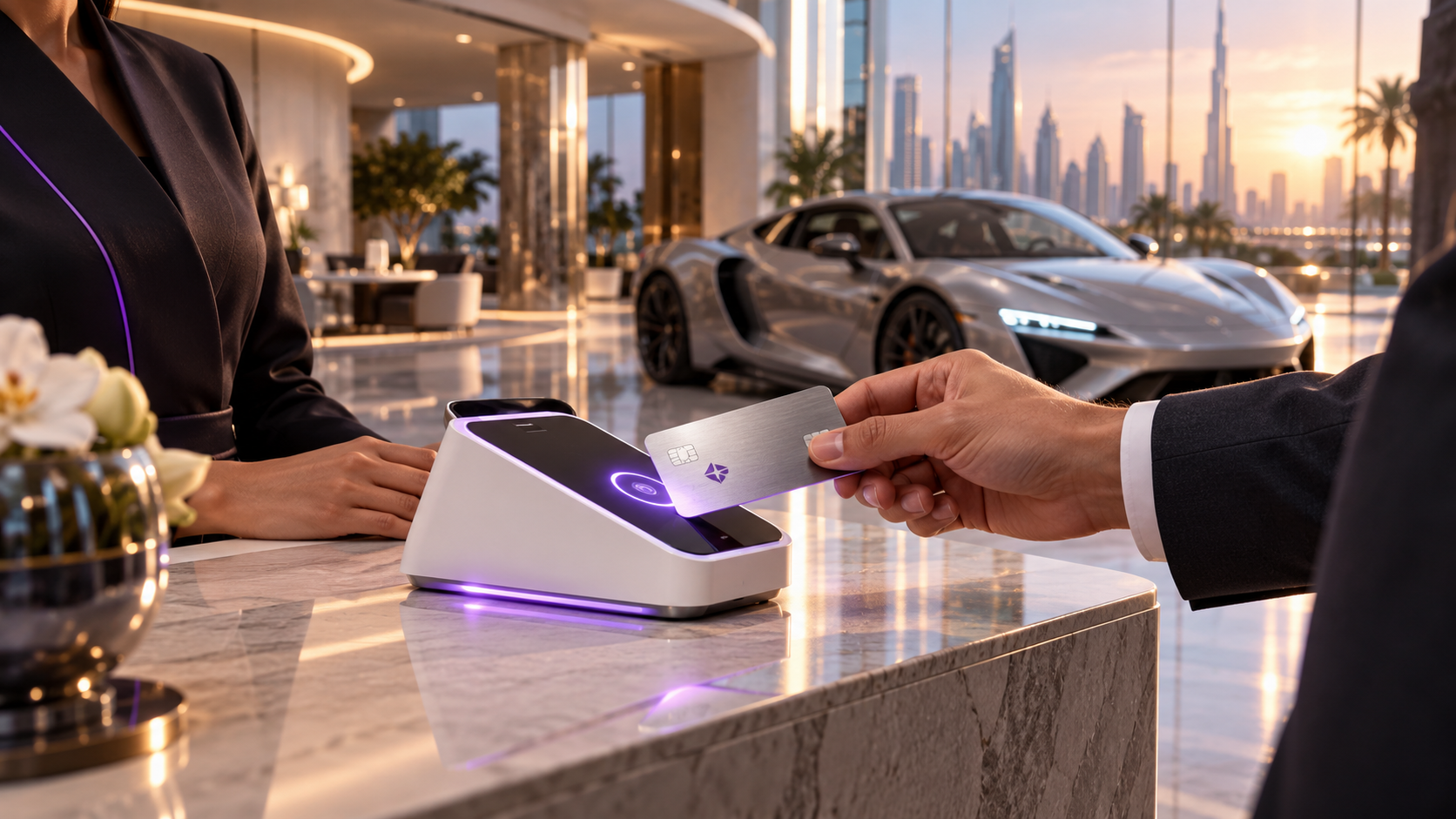 A customer begins a LORYX payment in a luxury showroom