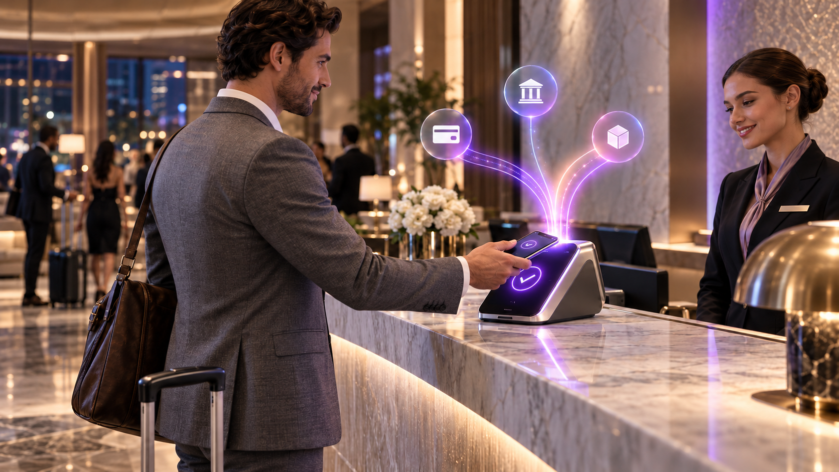 The traveller pays with a mobile wallet