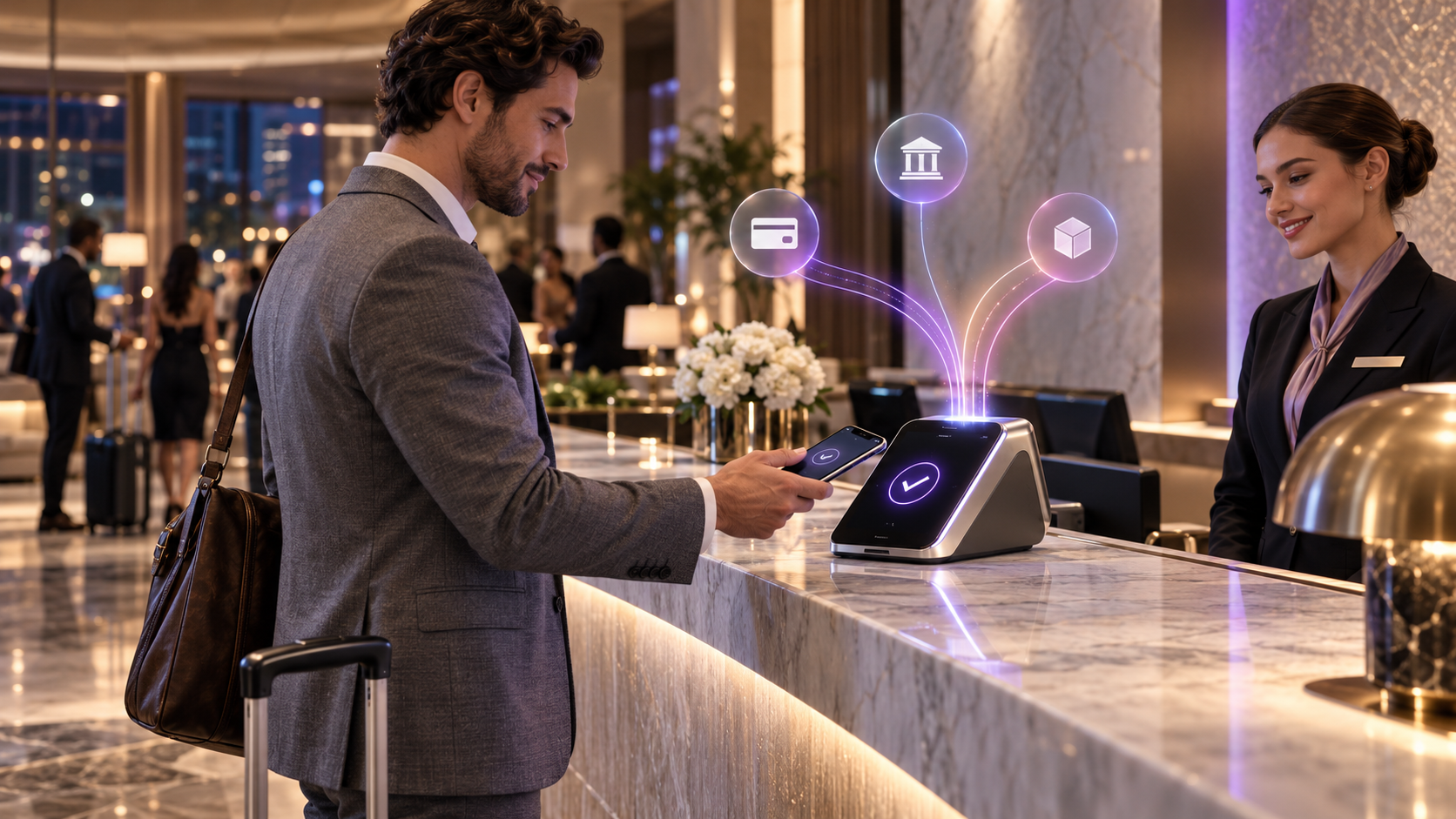 A traveller approaches a LORYX hotel terminal